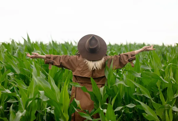 Femme Blonde Manteau Chapeau Dans Champ Maïs Été — Photo