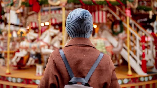 Blonde Woman Carousel Christmas Market Royalty Free Stock Video