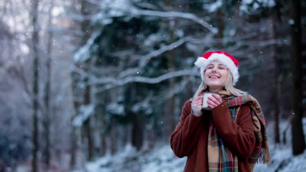 Schöne Mädchen Mit Weihnachtsmütze Mit Einer Tasse Schnee Wald — Stockvideo