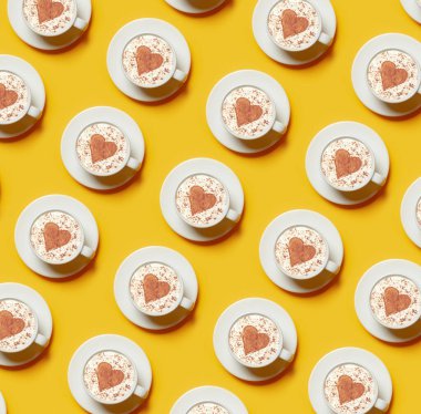 Sarı arka planda köşegen bir kahve seti.