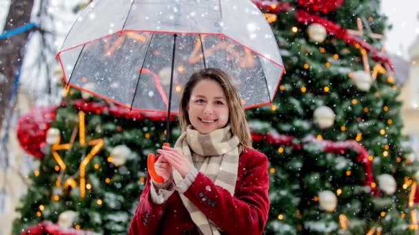 Beautiful Adult Girl Red Coat Scarf Umbrella White Snowfall Stay Stock Footage