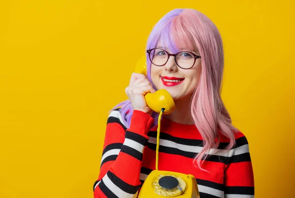 Girl Purple Hair Red Sweater Hold Dial Phone Yellow Background — Stock Photo, Image