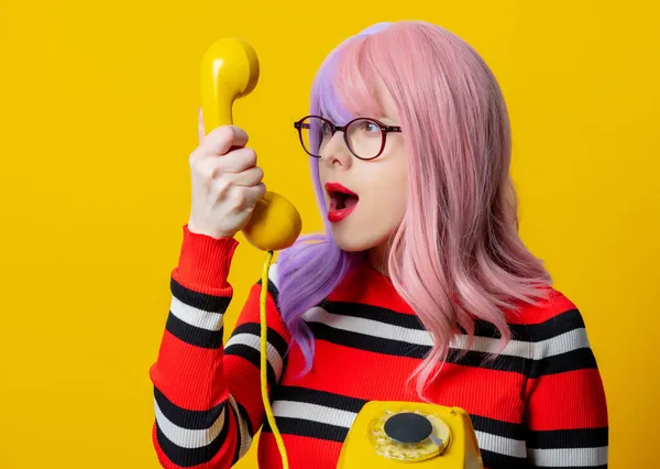 Girl Purple Hair Red Sweater Hold Dial Phone Yellow Background — Stock Photo, Image