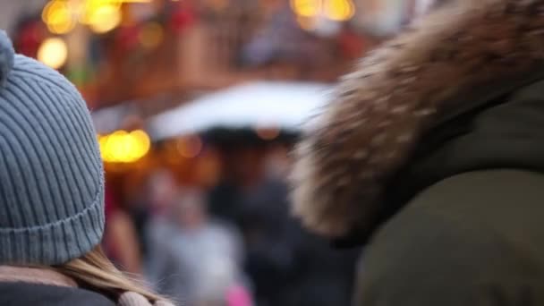 Beautiful Couple Boyfriend Girlfriend Kissing Christmas Fair Wroclaw Poland — Stock Video