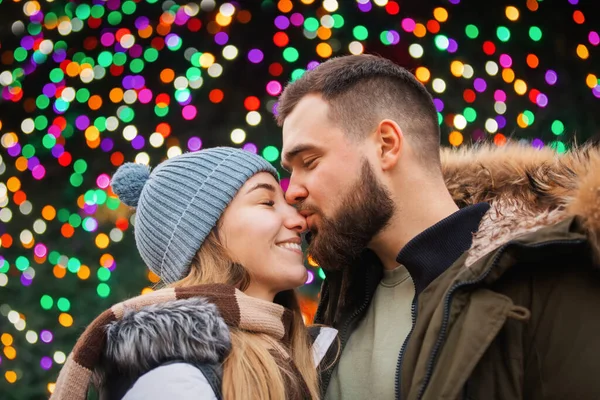 Beautiful Couple Boyfriend Girlfriend Kissing Christmas Fair Wroclaw Poland — Stock Photo, Image