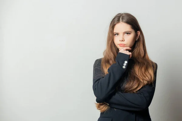 Beautiful Girl Black Jacket White Background — Zdjęcie stockowe