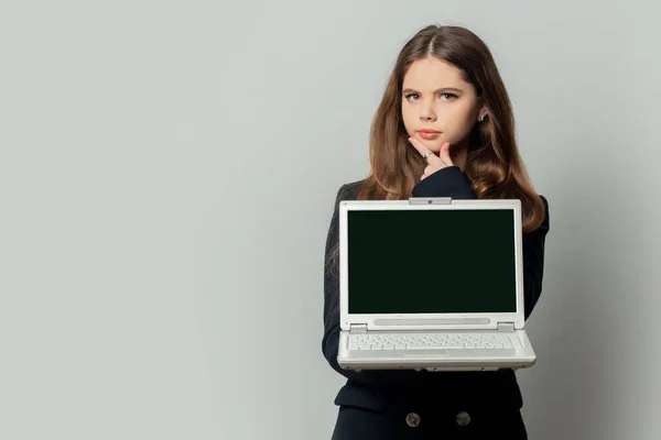 Beautiful Girl Black Jacket Laptop Computer White Background — Stockfoto