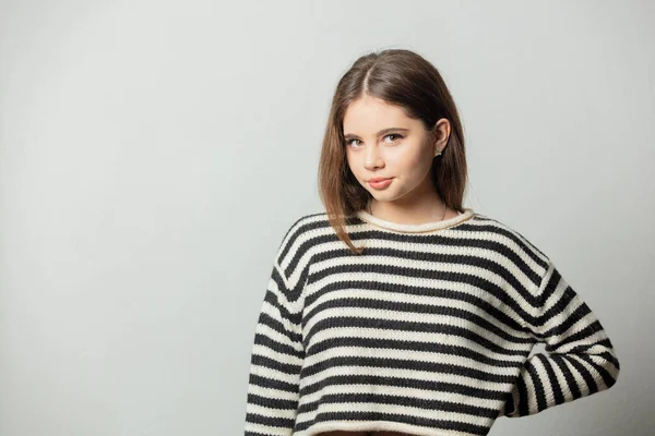 Beautiful Girl Striped Sweater White Background — Fotografia de Stock