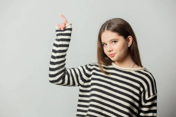 Beautiful Girl Striped Sweater White Background — Fotografia de Stock