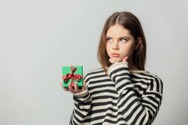 Beautiful Girl Striped Sweater Gift Box White Background — Fotografia de Stock