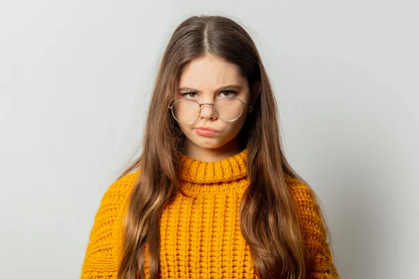 Beautiful Girl Glasses Yellow Sweater White Background — Foto Stock