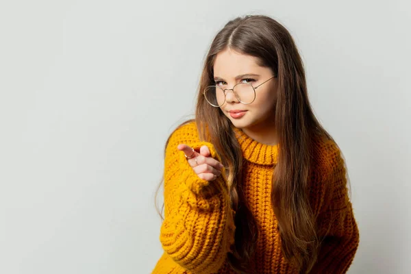 Beautiful Girl Glasses Yellow Sweater White Background — стоковое фото