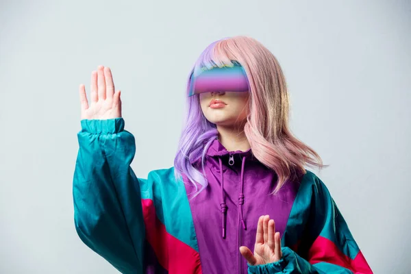 Teen Girl Glasses Purple 80S Tracksuit Gray Background — 스톡 사진