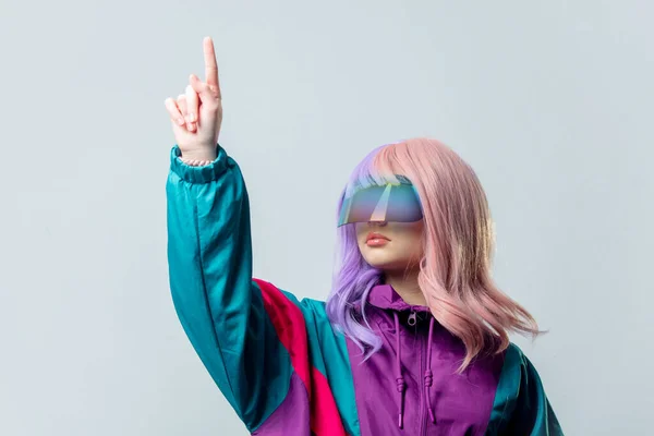 Teen Girl Glasses Purple 80S Tracksuit Gray Background — Zdjęcie stockowe