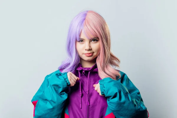 Beautiful Yandere Girl Purple Hair 80S Tracksuit Gray Background — Fotografia de Stock