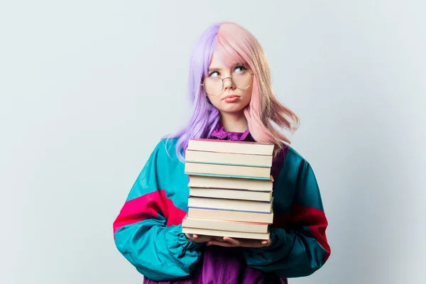 Beautiful Yandere Girl Purple Hair 80S Tracksuit Holds Book Gray — Foto Stock