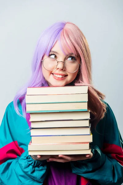 Beautiful Yandere Girl Purple Hair 80S Tracksuit Holds Book Gray — Foto Stock