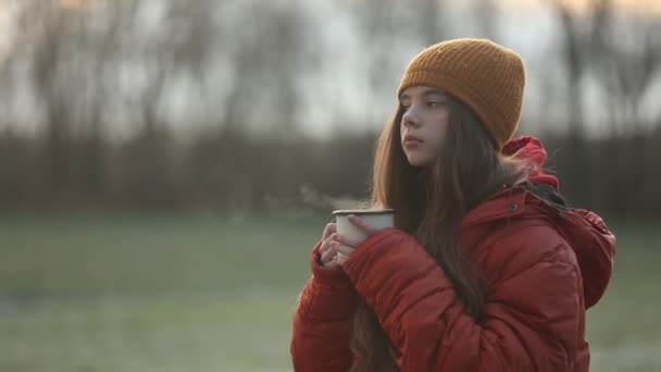 Teenage Girl Mug Hot Tea Winter Next Trees — Wideo stockowe