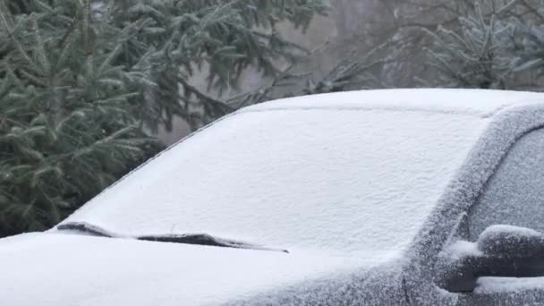 Besneeuwde Auto Winter Van Dichtbij Bekeken — Stockvideo