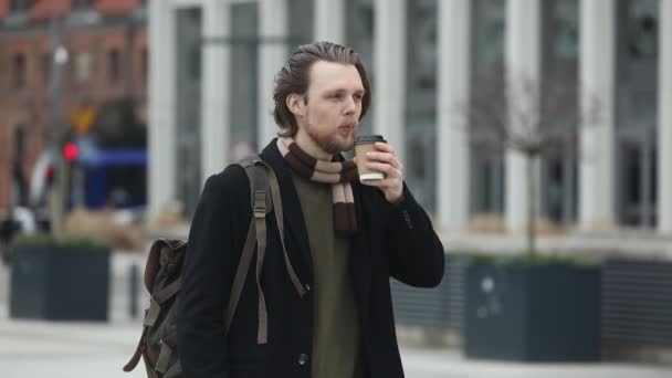 Stylish Man Take Away Coffee Cup City Street Wroclaw Poland — Stock Video