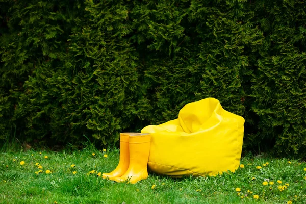 Cadeira Saco Macio Botas Amarelas Gramado Com Dentes Leão Jardim — Fotografia de Stock