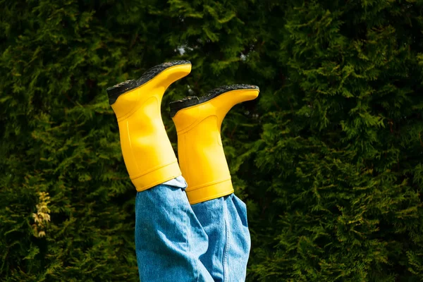 Pés Femininos Botas Jeans Cabeça Para Baixo Fundo Árvore — Fotografia de Stock