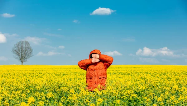 Stylish Man Orange Jacket Rapeseed Field — Zdjęcie stockowe