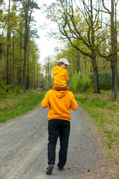 Father Son Yellow Hoodies Forest Spring — 스톡 사진