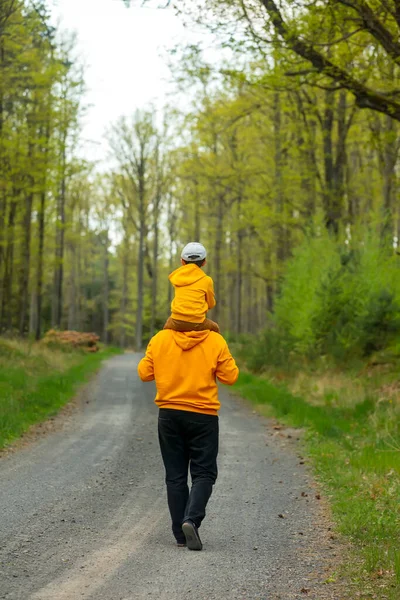 Father Son Yellow Hoodies Forest Spring — 스톡 사진