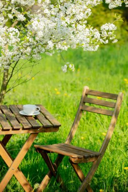 Bahçedeki çiçek açan ağacın yanındaki tahta masada bir fincan kahve ya da çay. 