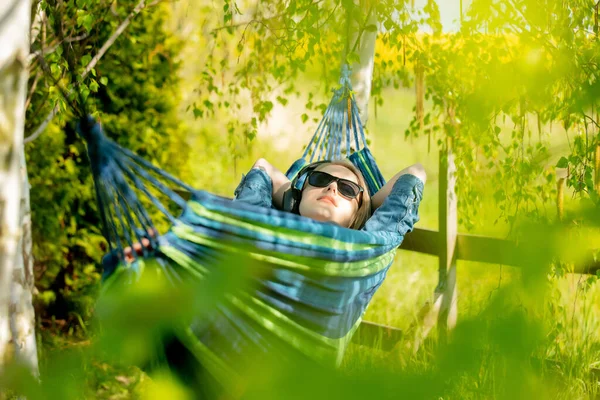 Young Woman Headphones Listen Music Hammock Countryside — Stock Photo, Image