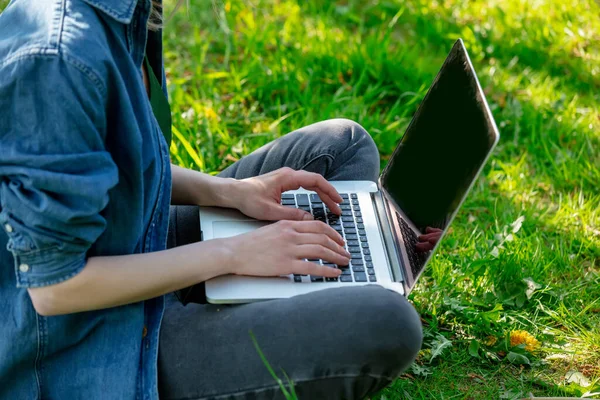 Kobieta Programista Pracuje Komputerem Plenerze Ogrodzie — Zdjęcie stockowe
