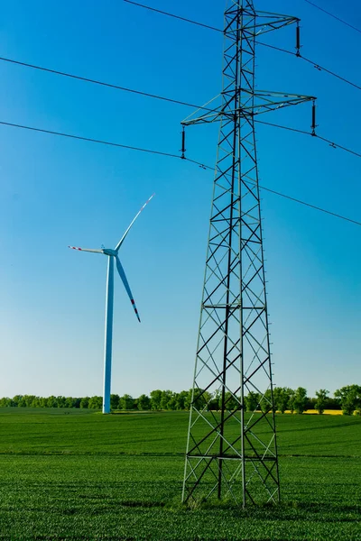 Wind Farm High Voltage Line Green Wheat Field — Foto Stock