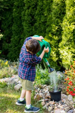 Küçük çocuk baharda bahçede oynuyor.
