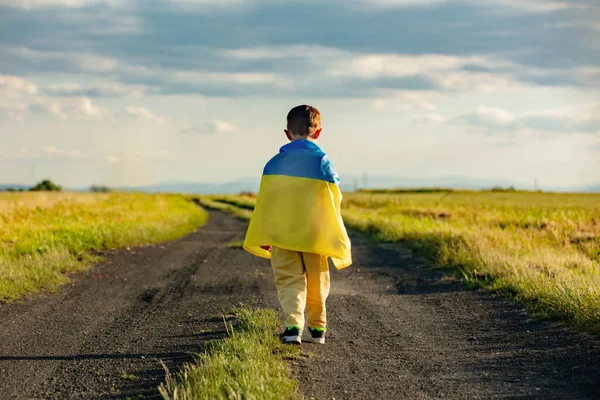 Mały Chłopiec Ukraińskiej Fladze Spaceruje Wiejskiej Drodze Zachodzie Słońca — Zdjęcie stockowe
