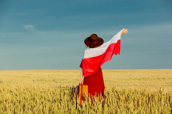 Fille Avec Drapeau Pologne Valise Dans Champ Blé Avec Ciel — Photo