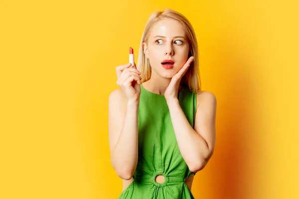 Stylish Girl Green Dress Lipstick Yellow Background — Stock Photo, Image