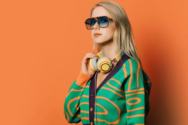 Stylish 80S Woman Eyeglasses Headphones Blouse Orange Background — Fotografia de Stock