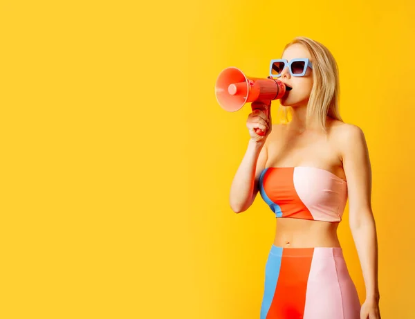 Stylish Blond Woman Colored Swimming Suit Megaphone Yellow Background — Photo