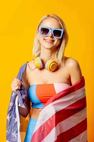 Stylish Blond Woman Colored Swimming Suit Usa Flag Yellow Background — ストック写真
