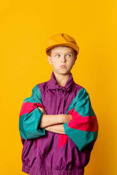 Stylish Kid Boy 80S Sport Suit Cap Yellow Background — Zdjęcie stockowe