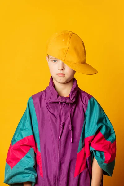 Stylish Kid Boy 80S Sport Suit Cap Yellow Background — Stock Photo, Image