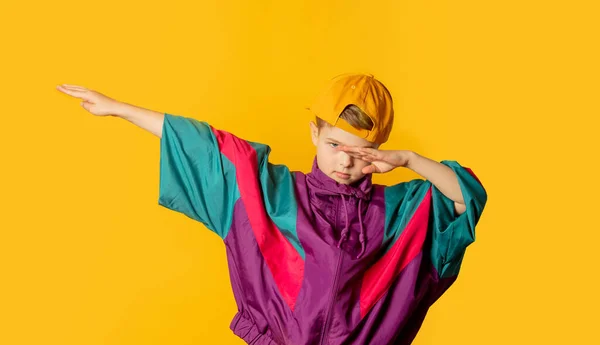 Stylish Kid Boy 80S Sport Suit Cap Yellow Background — Foto de Stock