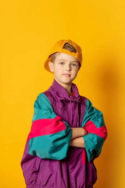 Stylish Kid Boy 80S Sport Suit Cap Yellow Background — 图库照片