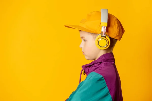 Stylish Kid Boy Headphones Yellow Background — 图库照片