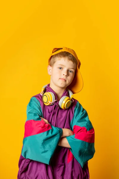 Stylish Kid Boy Headphones Yellow Background — 图库照片