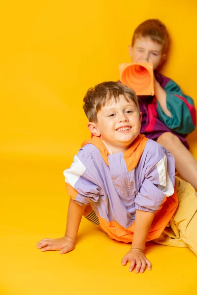 Two Kids 80S Stylish Clothes Play Yellow Background — Fotografia de Stock