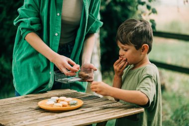Little boy with a mother eats macaron cookies in outdoor