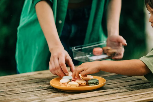 Little Boy Mother Eats Macaron Cookies Outdoor — Photo