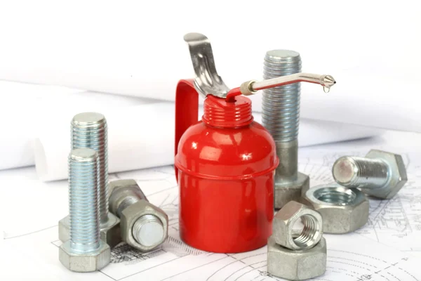 Red oiler,  bolts and nuts — Stock Photo, Image